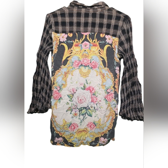 Aratta Black Plaid and Floral Button Down Shirt Upcycled Small PTP 19 - Picture 2 of 5